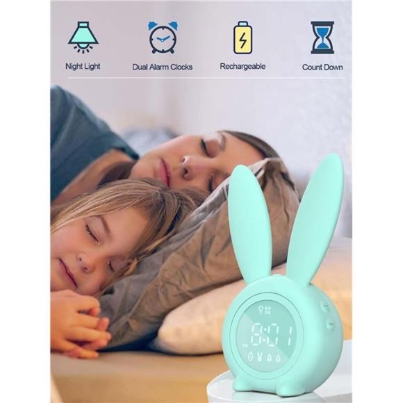 Bunny Kids Alarm Clock - Digital Wake Up Clock with Dimmable Ambient Lighting - Picture 3 of 6